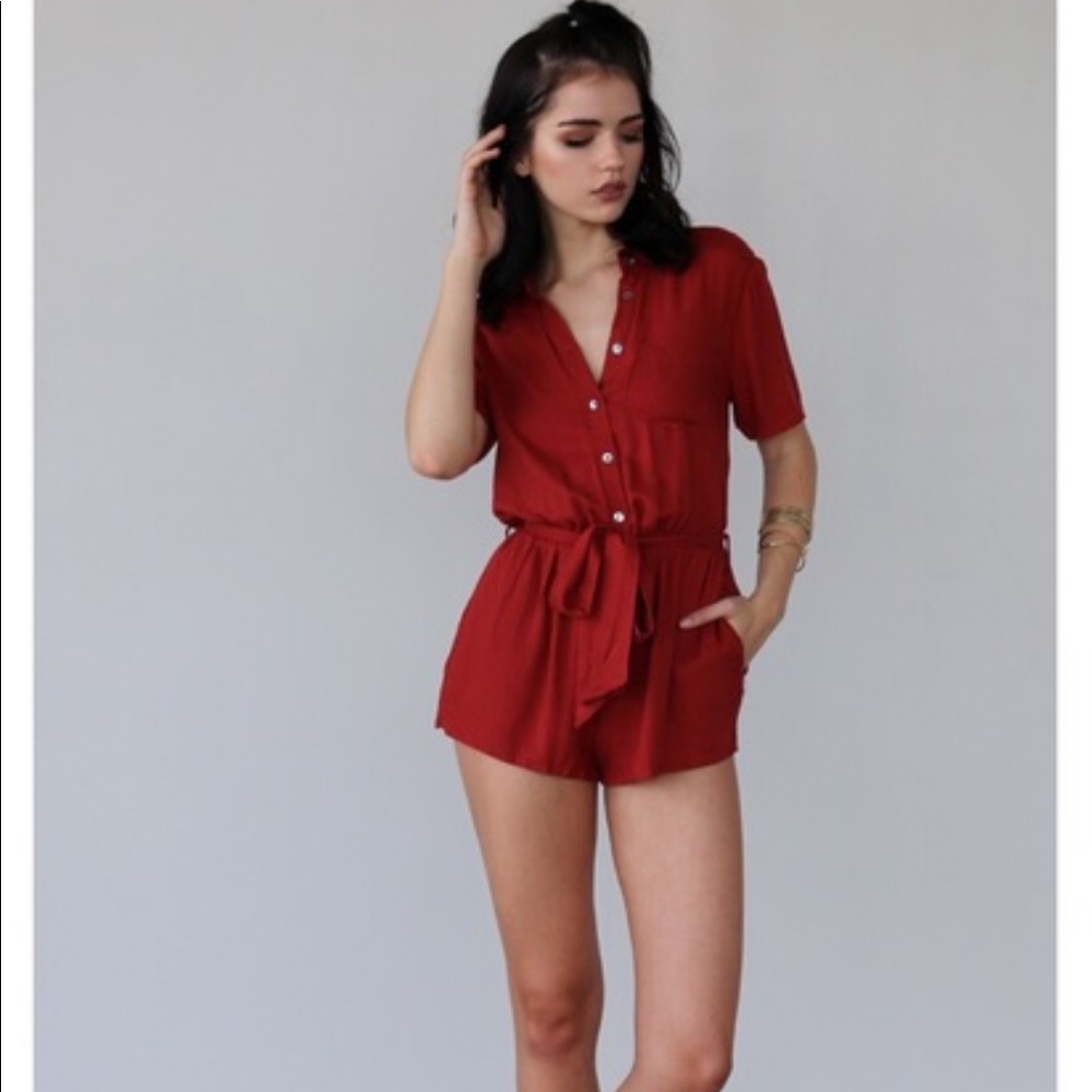 Red button up tie romper